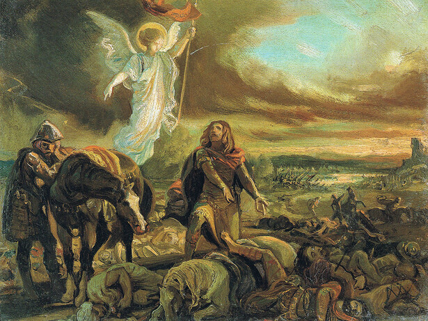 Federico de Madrazo y Kuntz (1815–1894)."Don Pelayo reconoce a Don Rodrigo tras la batalla de Guadalete", 1840. La obra representa a Don Pelayo reconociendo el cadáver del rey visigodo Don Rodrigo tras la batalla de Guadalete, en la que el ejército cristiano fue derrotado por los invasores musulmanes.Óleo sobre tela. Colección privada