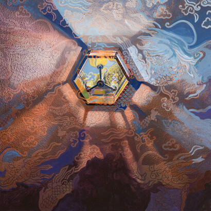 Lee Essex Doyle, Orange Dragon Fire, Fortuny Night, 2023. Mixed media on paper mounted on aluminum, 12 x 12 inches. Courtesy of the artist and Childs Gallery
