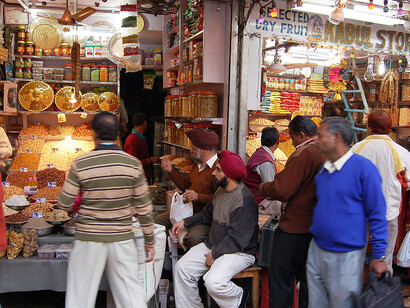 View of a food shop facing Khari Baoli Road, Chandni Chowk, Delhi, India