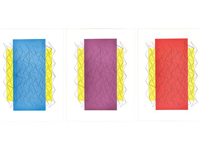 Odili Donald Odita, Bliss (Purple, Blue, Red), 2022, a set of three color aquatints with soft ground etching, each, plate and sheet: 32 1/2x23 1/2 inches. Edition of 10. Courtesy of Berggruen Gallery