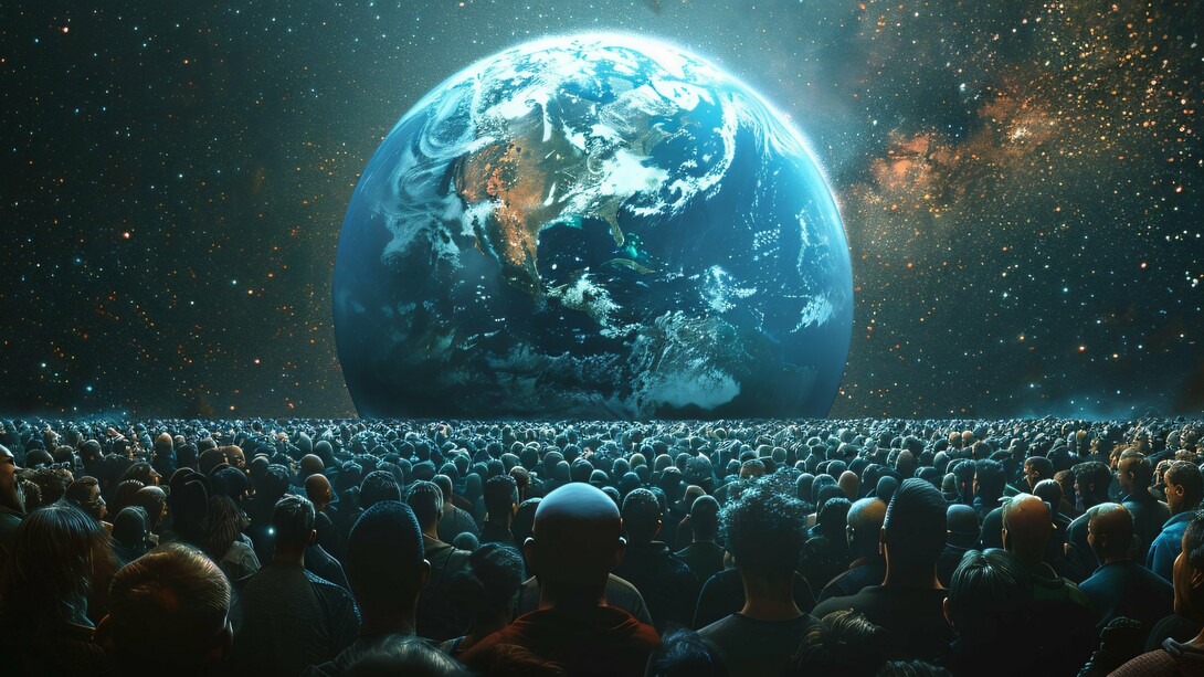 Humanity gazing up at planet Earth, emphasizing our shared planetary home and the need to unite as one global community to address our common challenges