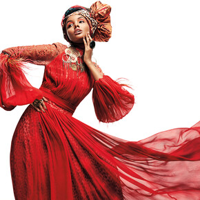 Melinda Looi (b. 1973, Malaysia) for Melinda Looi (est. 2000, Malaysia); Ensemble (dress, turban, earrings, rings, and shoes); Sunset in Africa Collection, 2012; Tie-dyed silk chiffon with feathers, semi-precious stones, and Swarovski crystals, silk satin lining; Photograph by Sebastian Kim