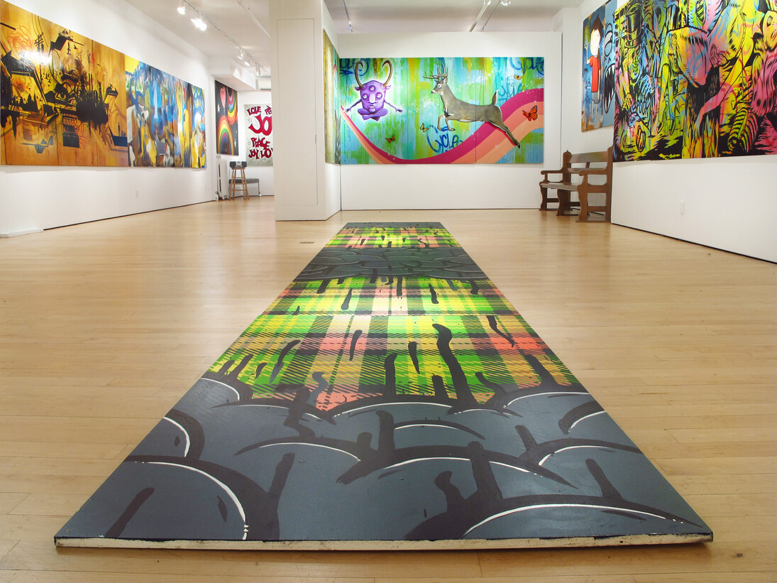Installation view (left-right): UR New York, Eye of the Beholder; Thomas Buildmore, WHERE DO WE COME FROM WHAT ARE WE WHERE ARE WE GOING; Gabrielle Specter & Diana Garcia, Sin Nobre; Terence Netter, Peace, Joy, Love, Hope; Cycle, Forest Spirit; Chris RWK, Those Summer Daze; L'Amour Supreme, Ghost Crypt; Darkcloud and David Pappaceno, Raining on Your Plaid Parade (located on floor)
