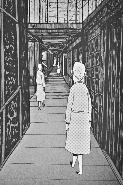 "Spa", graphic novel di Erik Svetoft. Fig. 4. Esseri deformi cominciano ad aggirarsi allora per l'albergo, a fuoriuscire dagli angoli più riposti o semplicemente a manifestarsi e vagare in mezzo agli ospiti e al personale di servizio