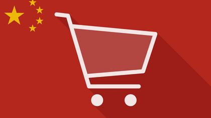 Imagem que mistura bandeira chinesa com o símbolo de compras