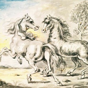 Giorgio de Chirico (1888-1978), Two Horses in a Town, 1950s, Tempera on cardboard, 30 x 40 cm, Private collection