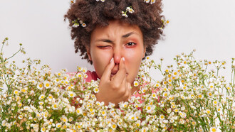 A woman surrounded by daisies, experiencing an allergic reaction while smelling the scent of the flowers