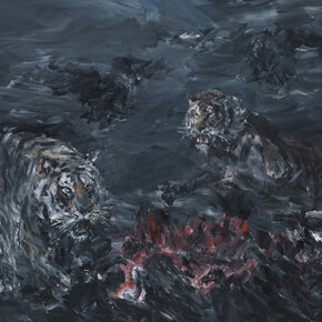 Yan Pei-Ming, Tigres et vautours, 2015, Oil on canvas, 250 x 300 cm (98,43 x 118,11 in), Courtesy Yan Pei-Ming / Galerie Thaddaeus Ropac, Paris/Salzburg, Photo: André Morin © Bildrecht, Wien, 2015
