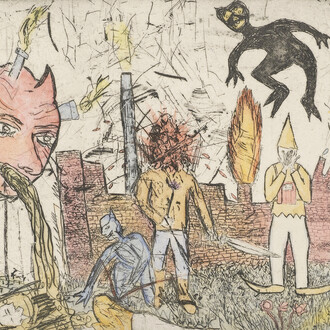 Oliver McConnie, Factory Town, 2015. Hand-coloured etching