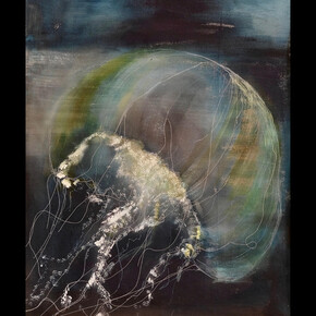 Karen Simon, Jellyfish I, thread, ink, acrylic on canvas, 20x23.5 inches. Courtesy of the artist and Lois Lambert Gallery