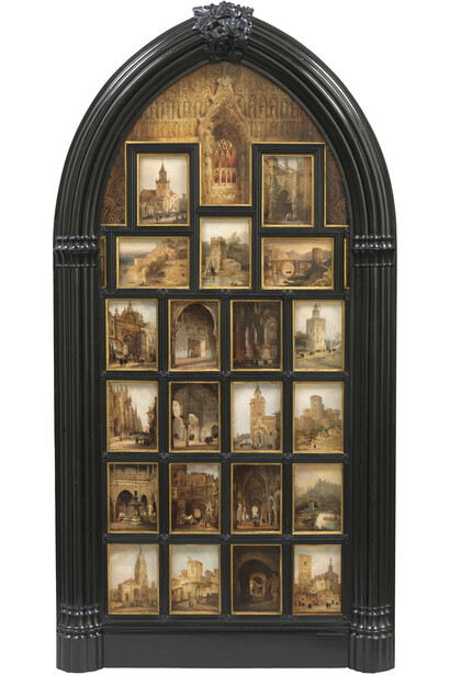 Díptico con 42 Vistas Monumentales de Ciudades Españolas, Peréz Villaamil, Óleo sobre hojalata y marco neogótico, 172,5 x 89,5 cm (hoja derecha), Madrid, Museo Nacional del Prado