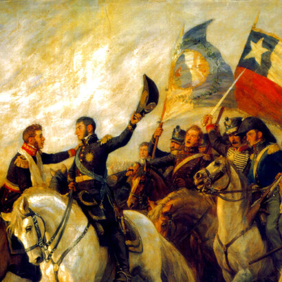 Pedro Subercaseaux representó con "Abrazo de Maipú" la celebración tras la victoria en la Batalla de Maipú, el 5 de abril de 1818