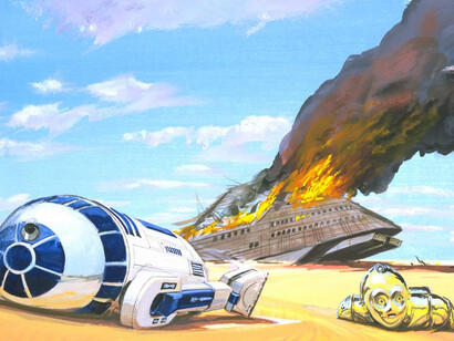 Ralph McQuarrie. R2D2 y C3PO tras la destrucción de la nave de Jabba el Hutt