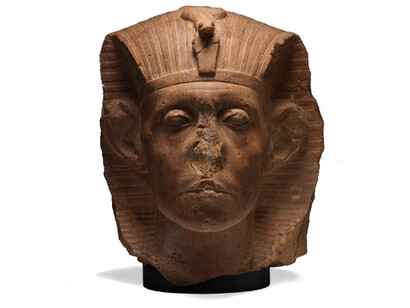 Head of Sen-useret III, Egyptian, ca. 1874-1855 B.C.E., Middle Kingdom, 12th Dynasty. Yellow quartzite, 17 3/4 x 13 1/2 x 17 inches. Purchase: William Rockhill Nelson Trust, 62-11.