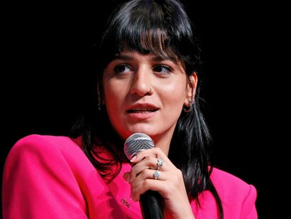 Sara Mardini addressing a question from the audience at "The Swimmers" press conference during the 2022 Toronto International Film Festival at TIFF Bell Lightbox on September 9, 2022 in Toronto, Ontario