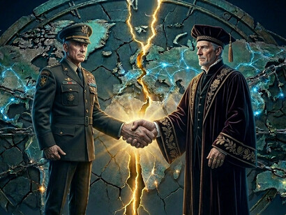 A fragile handshake over a fault line reflects the erosion of international law, while a chained, shattered globe evokes a world where diplomacy has collapsed into conflict and constant surveillance