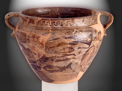 Cratere tardo-geometrico, c.d. Cratere del Naufragio,
Argilla, 725-700 a.C.,
Museo Archeologico di Pithecusae, Villa arbusto, Lacco Ameno