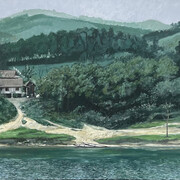 John L. Cleaveland, Jr., In the quiet of midday, Hieu River from Highway 9 (detail). Oil on aluminum panel, 15-1/2 x 36 inches, 16-1/2 x 37 inches framed. Copyright The Artist. Courtesy of Momentum Gallery