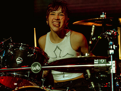 Paulina Villarreal unleashes her drumming prowess during a mesmerising live performance with The Warning, captivating fans worldwide, pictured here at their performance at the Magazzini Generali venue in Milan, Italy, on the 11th of April, 2024