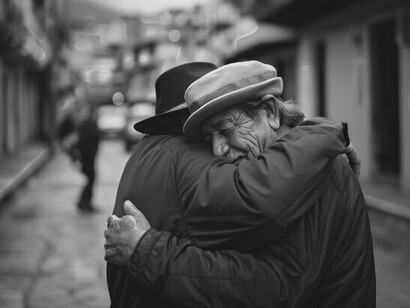 An embrace that conveys the deep solidarity and enduring bonds that persist among Venezuelans, reflecting their spirit and the way they find community and rebuild amidst the pain of displacement