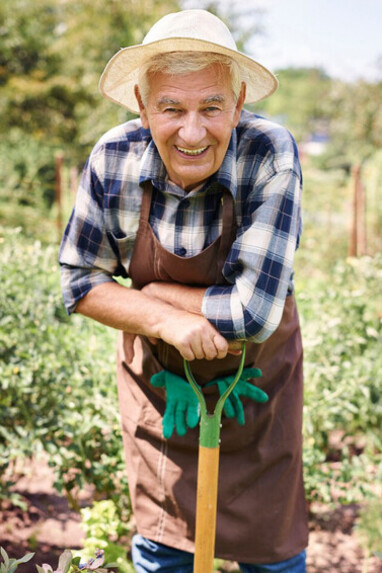 A retired senior man tending to his garden in the field, finding fulfillment in the simplicity of nature