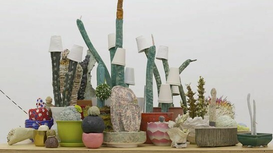Lisa Sanditz, Untitled, 2014, Ceramic, found materials, porcupine quills and semi-precious stones, 57 X 46 X 58 inches. Courtesy of the artist and CRG Gallery New York. Photo Susan Alzner.