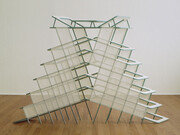 Diane Simpson, Underskirt, 1986, Oil stain and acrylic on MDF with cotton mesh, 44 by 69 by 7 in.  111.8 by 175.3 by 17.8 cm