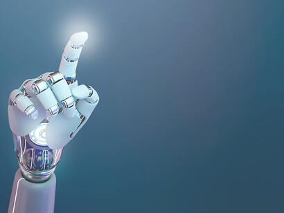 Level up your visuals with a futuristic 3D backdrop showcasing a cyborg hand, emblematic of the forefront of artificial intelligence technology and the symbiotic partnership between humans and AI