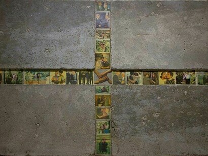 Matheus Rocha Pitta, Terzo accordo (detail), 2013, concrete and newspaper clips, 120 x 120 cm, © Matheus Rocha Pitta, courtesy of Sprovieri, London