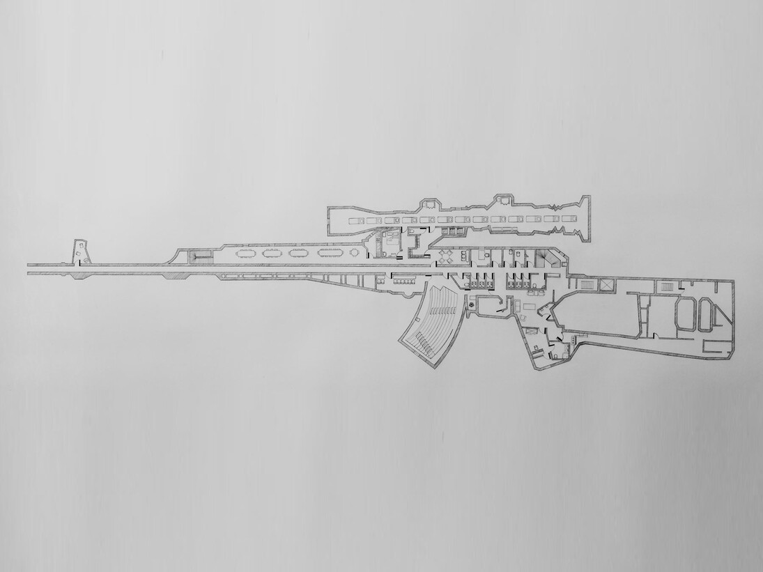 Baptiste Debombourg, « Tradition of excellence IX – Dragunov SVD», 2010, Mine de plomb sur papier Vinci, 50 x 145 cm, Courtesy Galerie Patricia Dorfmann, Paris