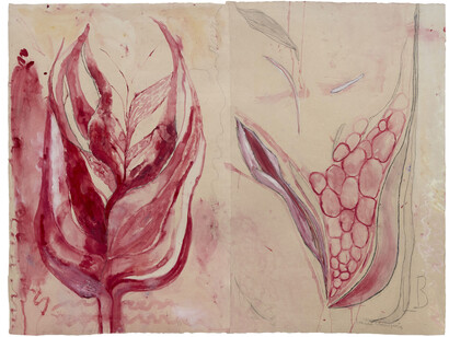 Louise Bourgeois, Geometry of Pleasure 3, 2009, soft ground etching, with watercolor, gouache and pencil additions, 151x198 cm. Courtesy of Timothy Taylor, NYC