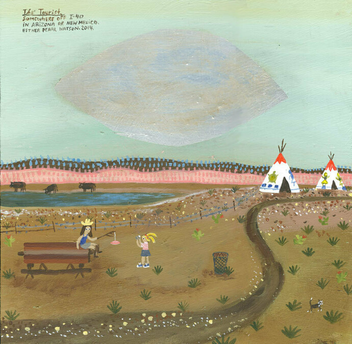 Esther Pearl Watson, The Tourist, 2014. Acrylic with foil on panel 305x305 cm