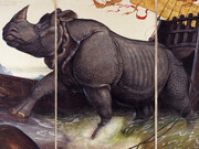 Walton Ford, Loss of the Lisbon Rhinoceros, 2008, signed with artist's initials `W.F.' (lower right corner of right panel), watercolor, gouache, pencil, and ink on paper. Panel 1 framed: 98 1/4 x 42 3/4 inches; 249.6 x 108.6 cm. Panel 2 framed: 98 1/4 x 62 3/4 inches; 249.6 x 159.4 cm. Panel 3 framed: 98 1/4 x 42 3/4 inches; 249.6 x 108.6 cm. Sotheby’s + Paul Kasmin Gallery , Naturalia: Scenes from the Underbrush, 19 January – 4 March 2017

