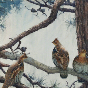 Aiden Lassell Ripley, Three Grouse on a Hard Pine. Courtesy of Questroyal Fine Art