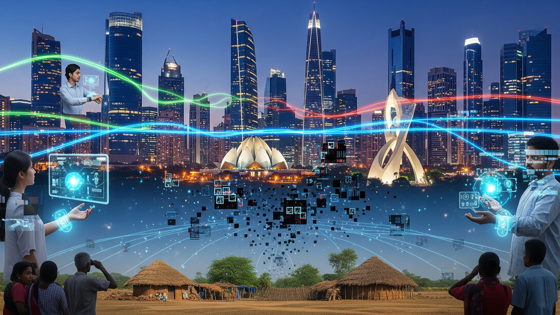 Digital illustration showing the flow of algorithmic bias widening the digital gap