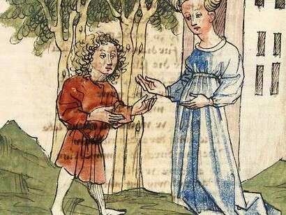 Página del manuscrito iluminado de «Parzival» (siglo XIII), Wolfram von Eschenbach