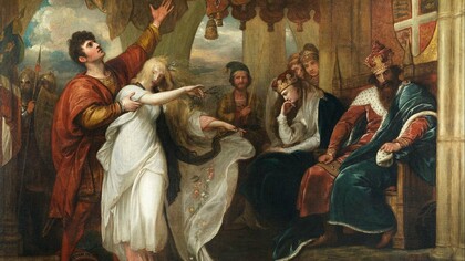 Benjamin West, "Amleto: Atto IV, Scena V (Ofelia dinanzi al Re e alla Regina)", Olio su tela, 1792