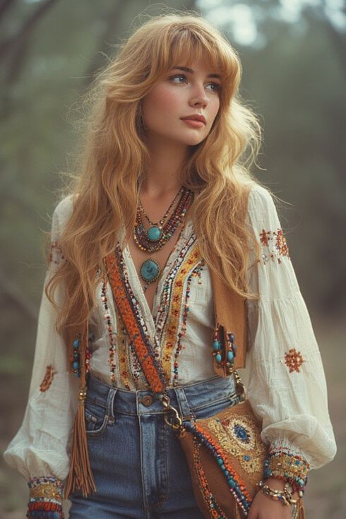 A modern hippie woman wearing bohemian accessories, reflecting contemporary boho fashion