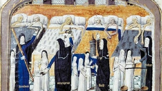Sala dell’Hotel Dieu a Parigi. Musée de l’Assistance Publique, miniatura da un manoscritto del XV sec.
