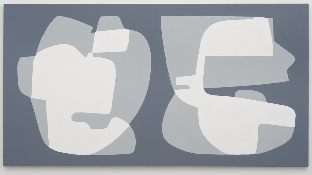 Hayal Pozanti, 20% and 67%, 2015, acrylic on canvas, 40 x 75 inches, source statistic: chances that a U.S. public school had at least one security camera in 1999 and 2014, respectively.