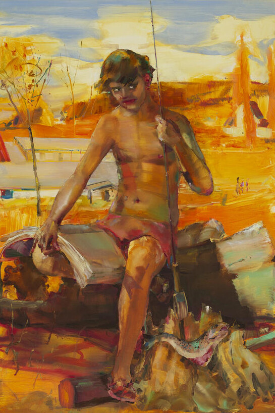 Angela Dufresne, Boy With Book And Fish, 2014, oil on canvas, 50 by 34 inches. Courtesy of Monya Rowe Gallery, New York