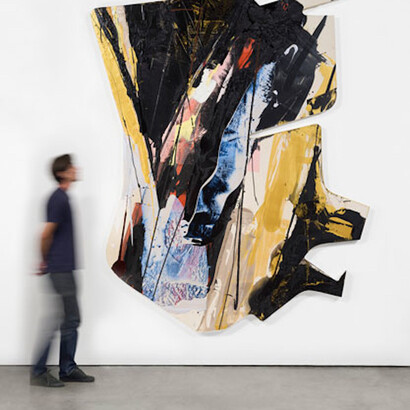 Michael Heizer, Wet Painting no. 6, 2016, Paints on canvas with silkscreen, 111 1/4 × 90 3/4 × 2 1/2 inches (282.6 × 230.5 × 6.4 cm), Photo by Jeff McLane. Courtesy of Gagosian