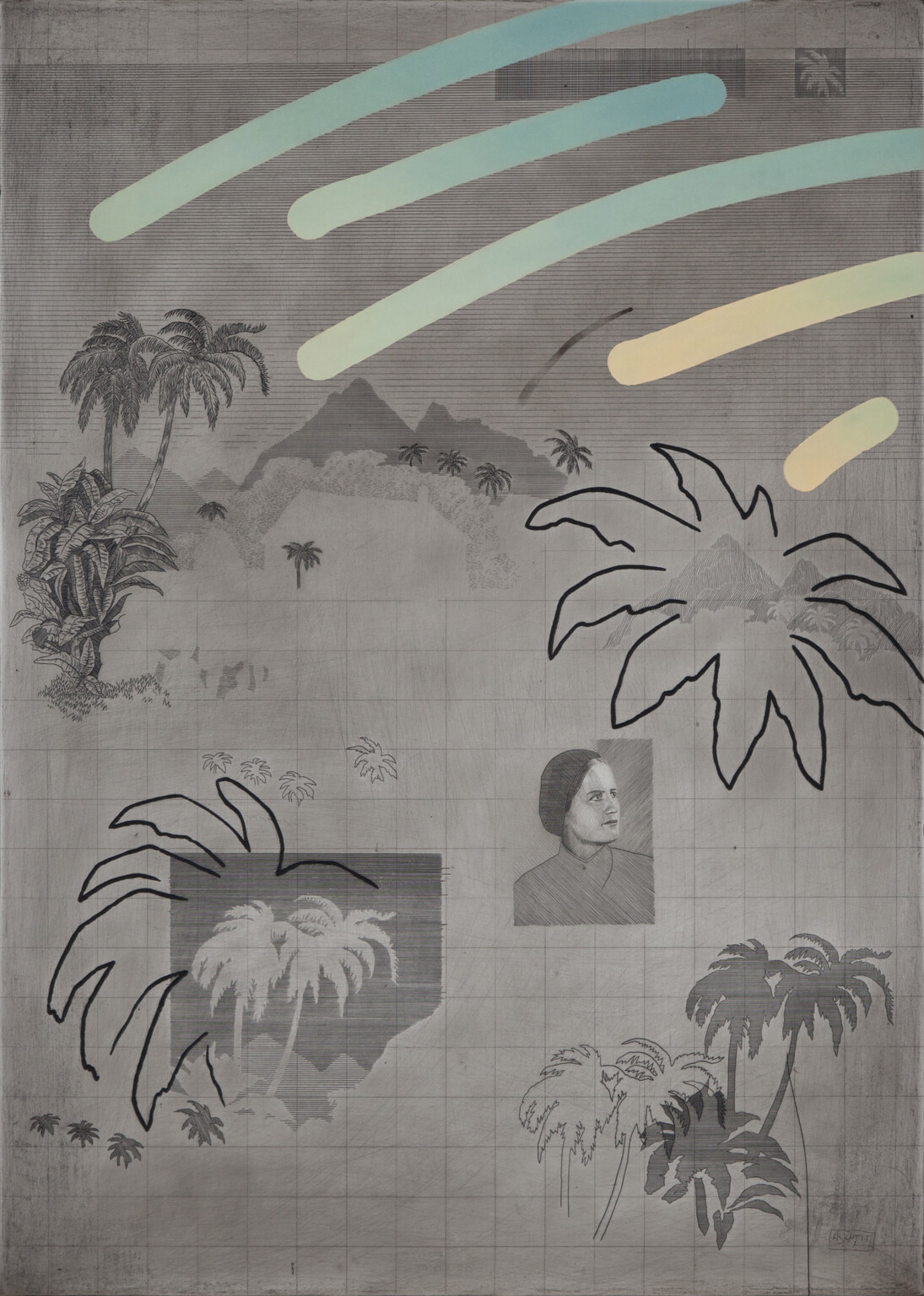 Chris Agnew, Composit-MR, 2015, etching and oil paint on icon panel, 52 x 37 cm