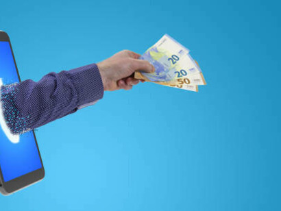 A digital euro flows out of a smartphone, representing the evolution of modern currency