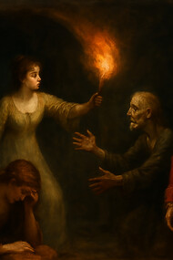 A haunting moment unfolds in a dimly lit dungeon, where grief, fear, and desperation converge—capturing the gothic intensity and emotional turmoil of The Mysterious Warning by Eliza Parsons