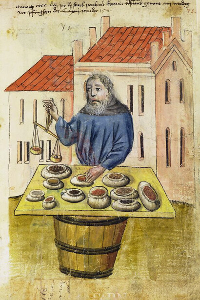 Ilustración de un comerciante de especias recuperada del Hausbuch der Mendelschen Zwölfbrüderstiftung, Band 1 (1453)