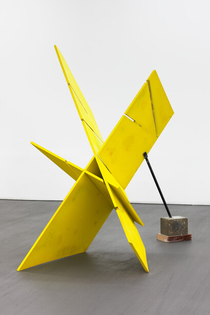 Harry Dodge, My Machine (the stink of putrefaction is here proximate to the repulsive nudeness of absence (an earlier allusion) see table of contents/the rude absence of nudity in love. put your hand right here under my clothes. no one is looking), 2015, Paper-coated plywood, Bondo, oil-based enamel paint, steel, concrete, silicone, wood, 25 x 96 x 45 inches, 63.5 x 243.8 x 114.3 cm