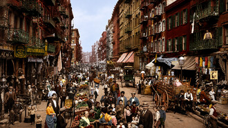 Mulberry Street bustling with life in New York City's Little Italy, where immigrant families, market vendors, and local businesses shaped one of the most vibrant Italian-American communities in the United States