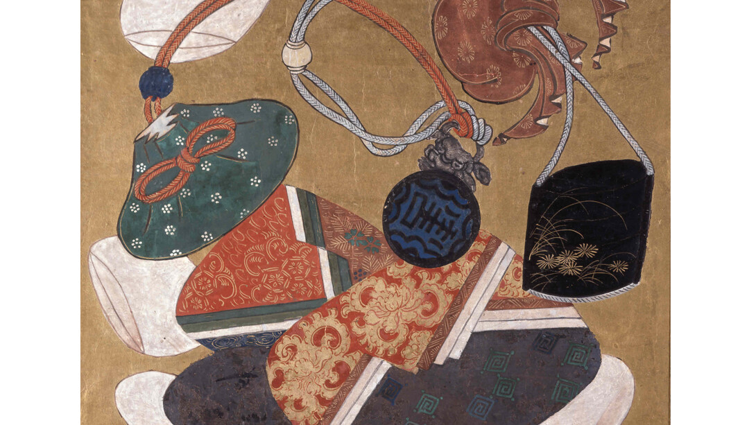 ‘Sagemono and dress accessories’, from a set of ten paintings in album leaf (originally made as ceiling panels). Artist unknown, ink and colour on gold-leafed paper, about 1624-1644 © The Trustees of the British Museum