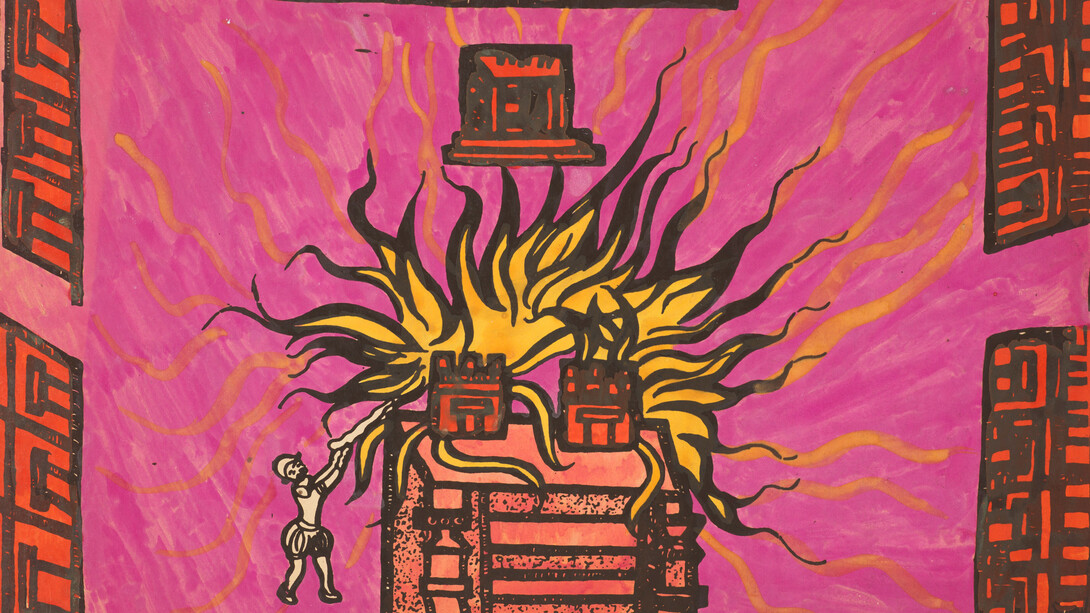 Leslie Tillett, Spaniards set fire the temple at Tlatelolco, 1972-1976. Courtesy of Denver Art Museum